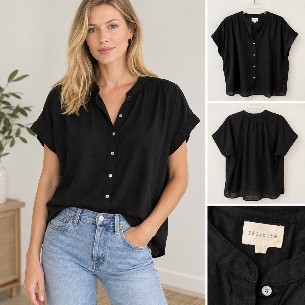 FELICITE Womens Henley Blouse Black Cotton Voile Short‎ Sleeve XL NWT Made USA